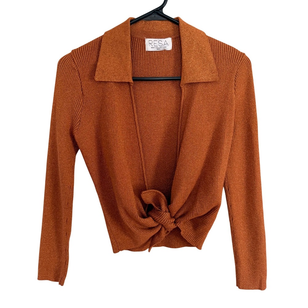RESA Knit Revolve Copper Metallic Ribbed Knot Front Long‎ Sleeve Top Small